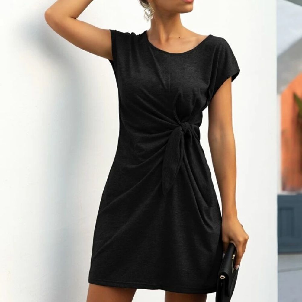 Black Short Cap Sleeve Tie Waist Dress